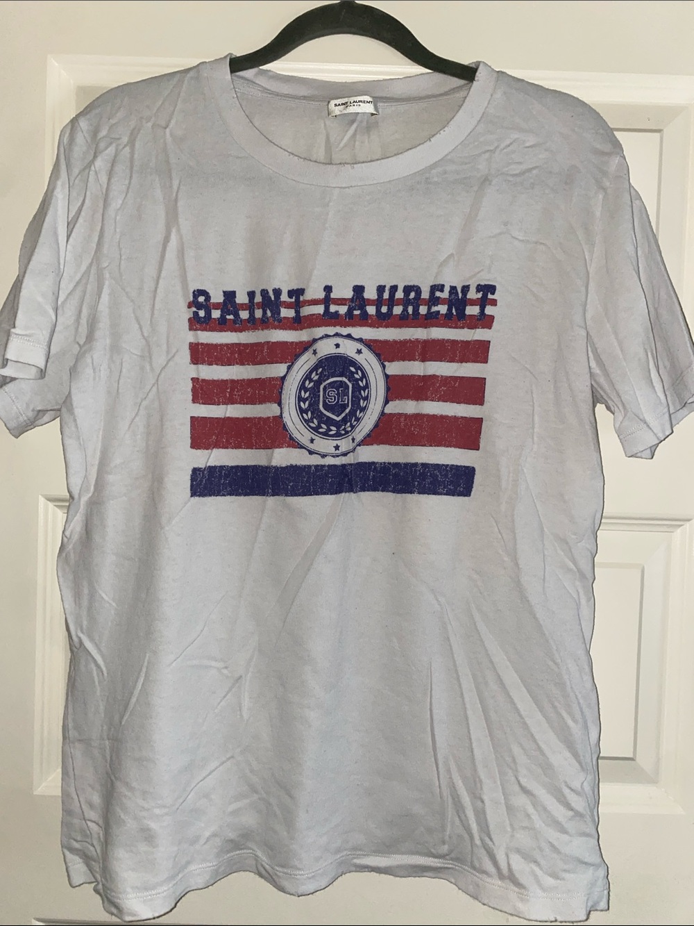 Saint Laurent White Tee with Red & Blue Graphic